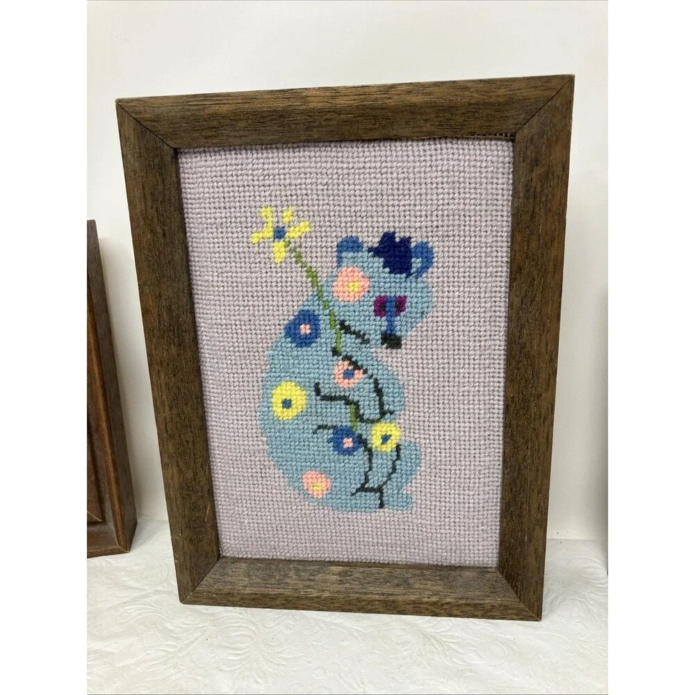 Needlepoint Framed Art Lot 3 Animals Lion Mouse Owl Cottagecore Nursery Small